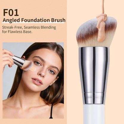 Makeup Brushes 3Pcs Foundation Contour Brush& Concealer Brush& Blusher Brush Face Kabuki Blush Bronzer Travel Buffing Stippling Contour Liquid Blending Makeup Brush Set White