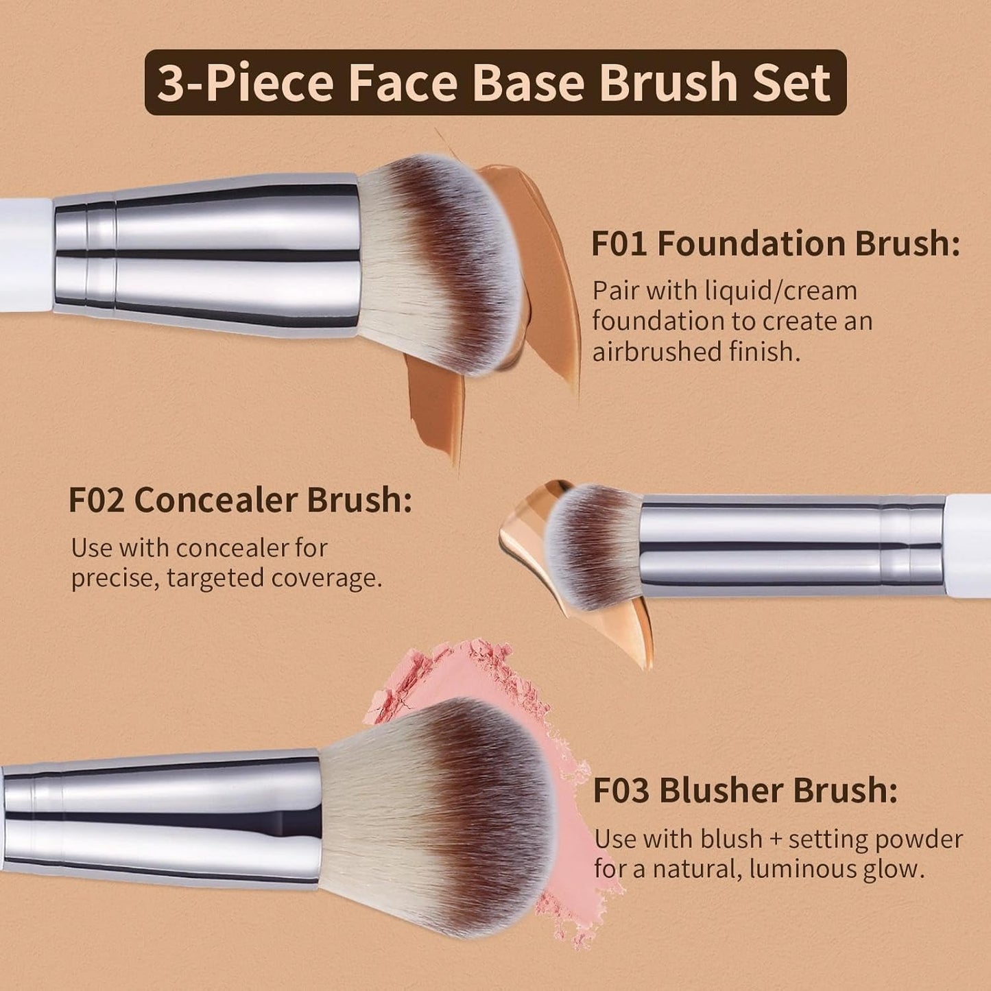 Makeup Brushes 3Pcs Foundation Contour Brush& Concealer Brush& Blusher Brush Face Kabuki Blush Bronzer Travel Buffing Stippling Contour Liquid Blending Makeup Brush Set White