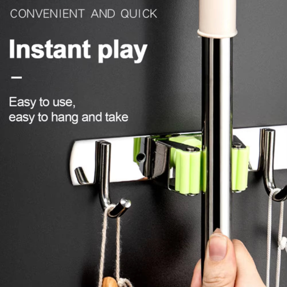 GripLock™ Stainless Steel Wall Mount Mop & Broom Holder – Space-Saving Hook for Kitchen & Bathroom Organization
