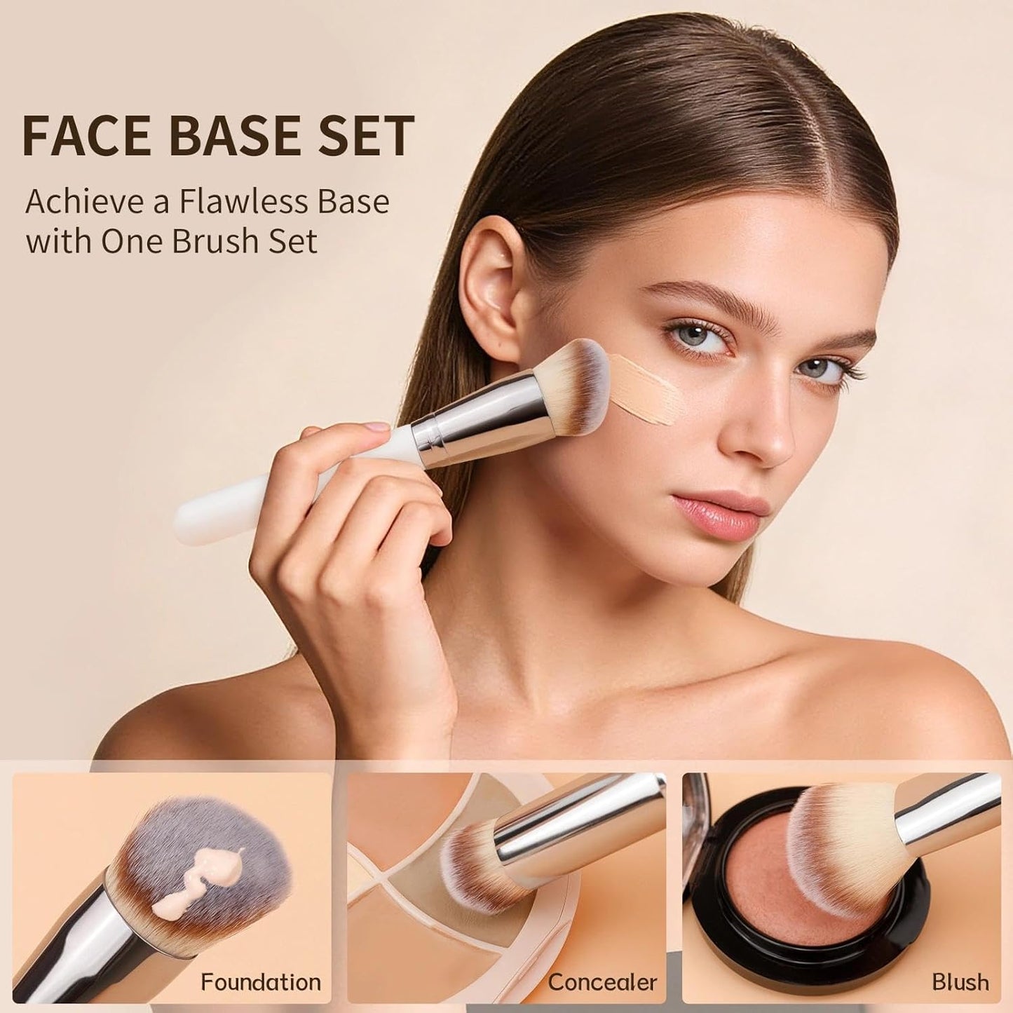 Makeup Brushes 3Pcs Foundation Contour Brush& Concealer Brush& Blusher Brush Face Kabuki Blush Bronzer Travel Buffing Stippling Contour Liquid Blending Makeup Brush Set White