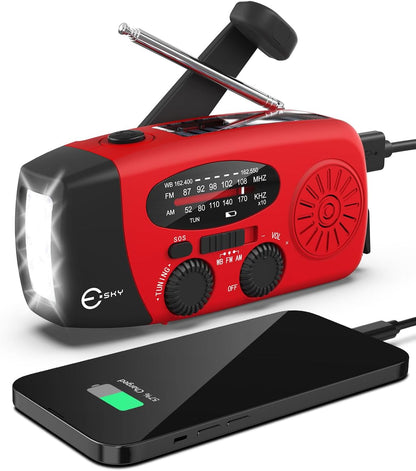Emergency Hand Crank Radio with 3 LED Flashlight, AM/FM/NOAA Portable Weather Radio with 2000Mah Power Bank Phone Charger, Solar Powered USB Charged Radio for Indoor Outdoor Camping, SOS Alarm